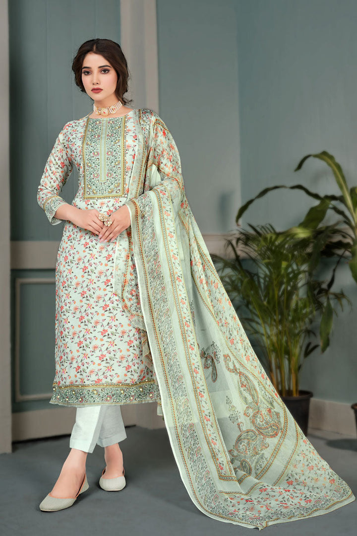 Alluring Muslin Fabric Salwar Suit In Light Cyan Color