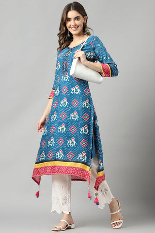 Blue Color Fancy Fabric Straight Kurti