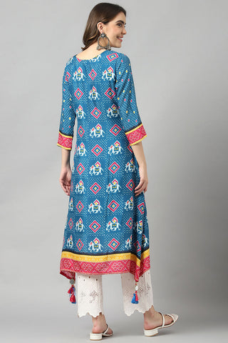 Blue Color Fancy Fabric Straight Kurti