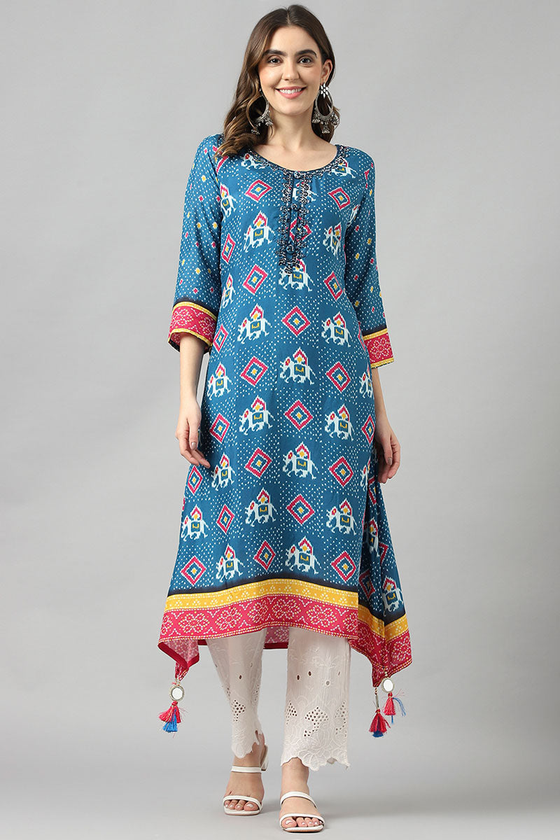 Blue Color Fancy Fabric Straight Kurti