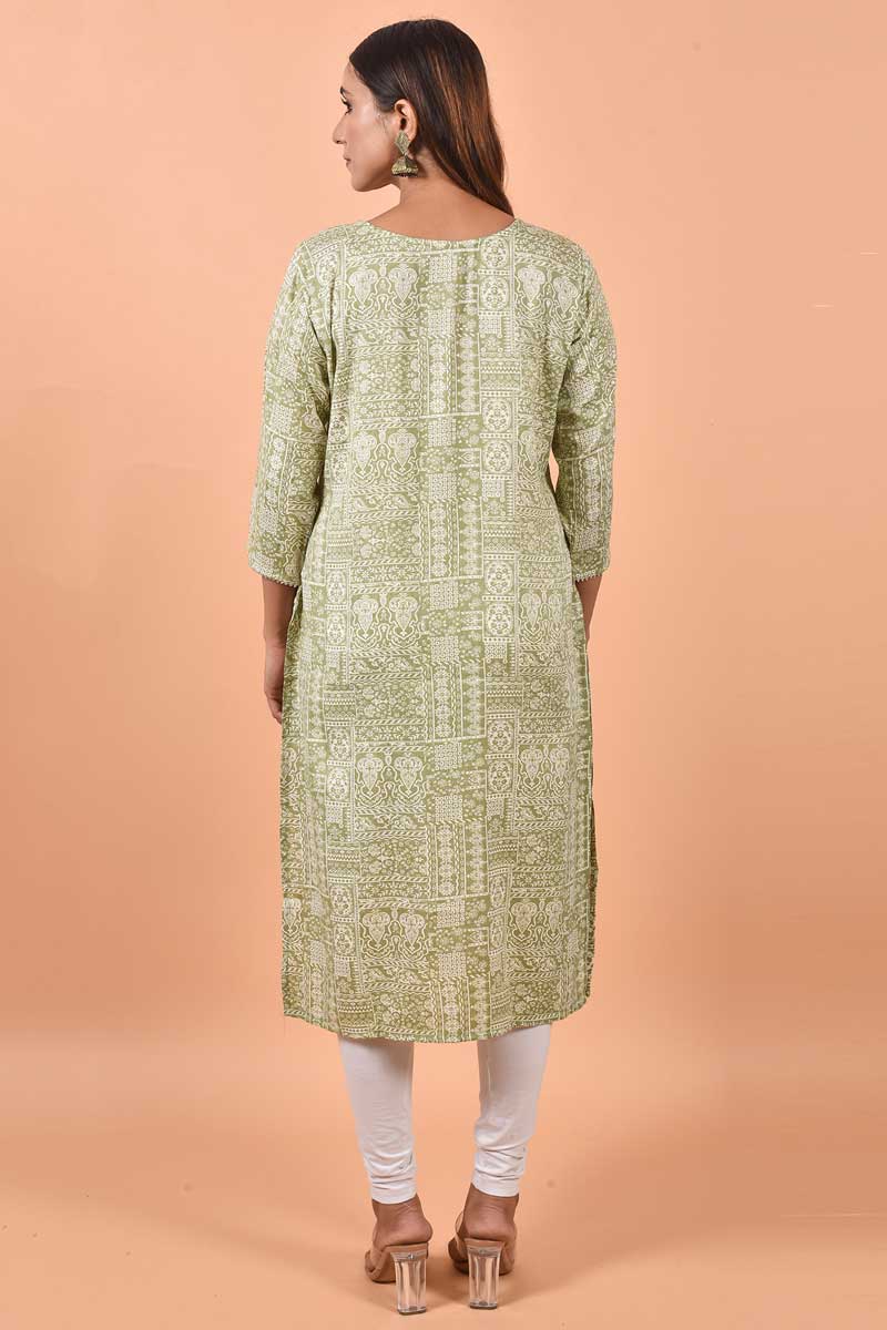 Mesmeric Green Color Printed Work On Kurti In Cotton Fabric