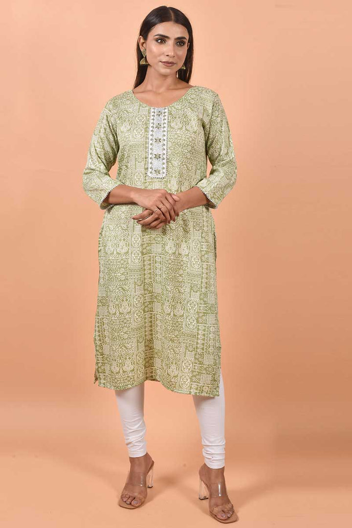 Mesmeric Green Color Printed Work On Kurti In Cotton Fabric