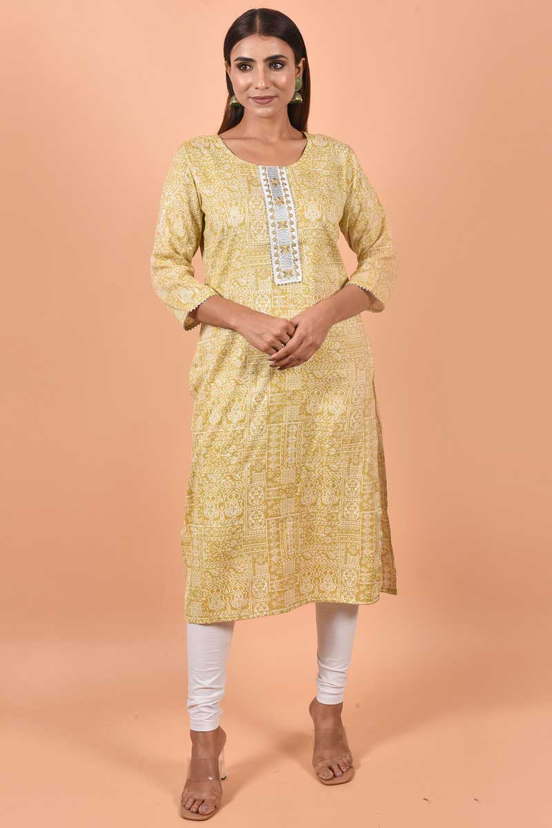 Radiant Printed Work On Cream Color Cotton Fabric Kurti