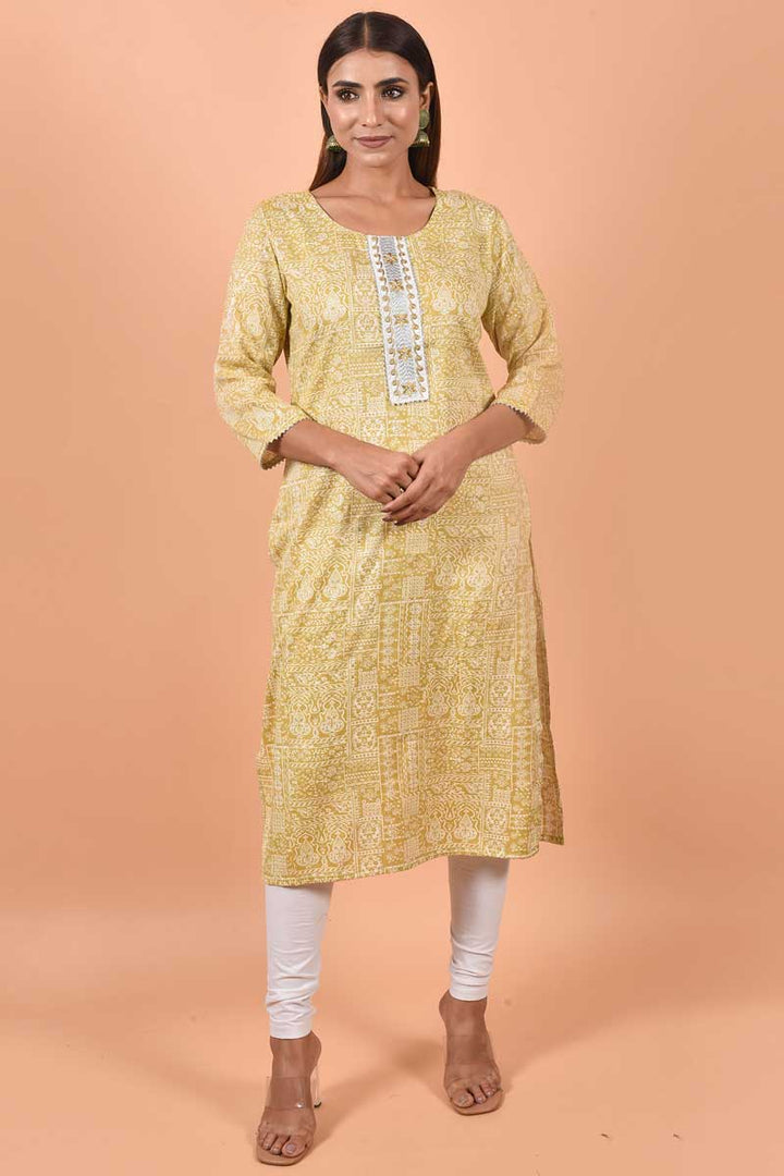 Radiant Printed Work On Cream Color Cotton Fabric Kurti