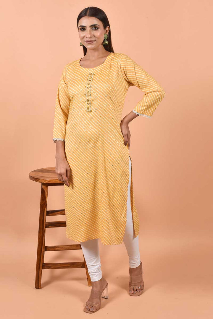 Mustard Color Printed Work On Cotton Fabric Beatific Kurti