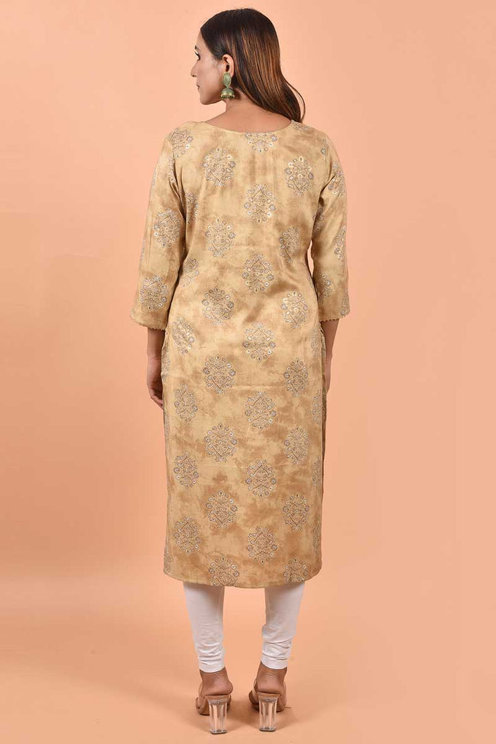 Beguiling Printed Work On Beige Color Cotton Fabric Kurti
