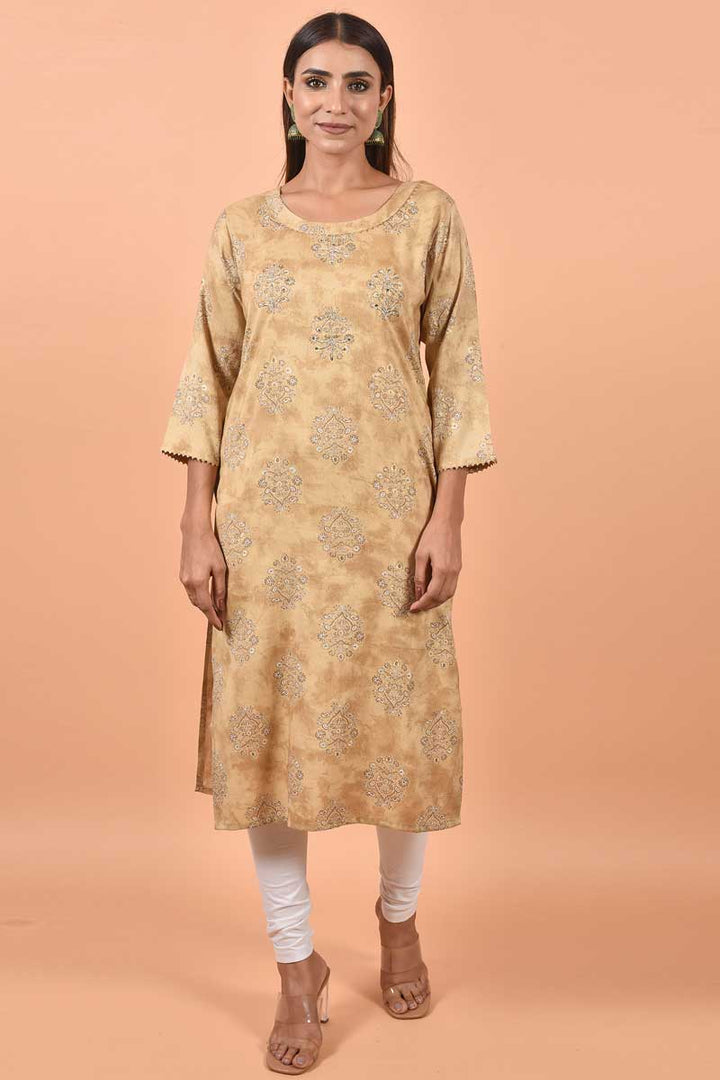 Beguiling Printed Work On Beige Color Cotton Fabric Kurti