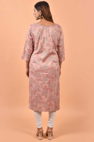 Tempting Cotton Fabric Peach Color Kurti With Printed Work