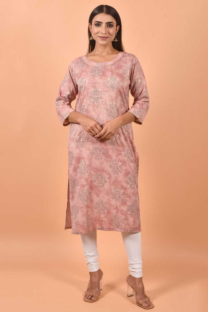 Tempting Cotton Fabric Peach Color Kurti With Printed Work