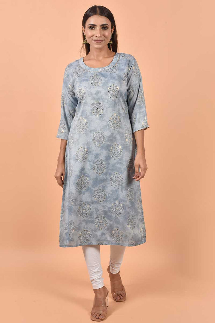 Engaging Grey Color Cotton Fabric Kurti With Printed Work