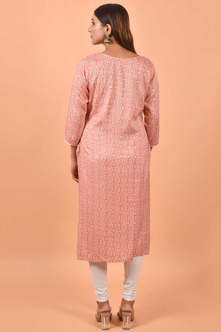 Classic Printed Work On Peach Color Kurti In Cotton Fabric