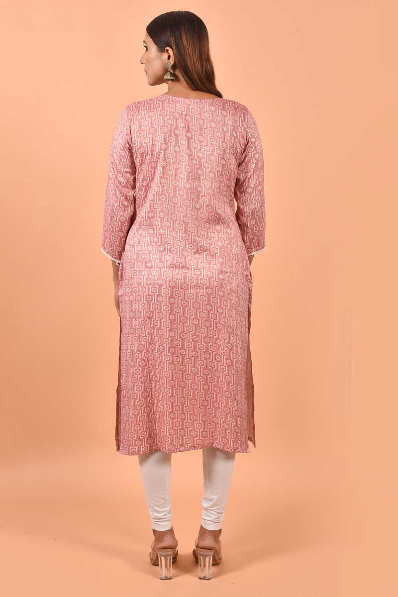 Cotton Fabric Pink Color Kurti With Winsome Printed Work