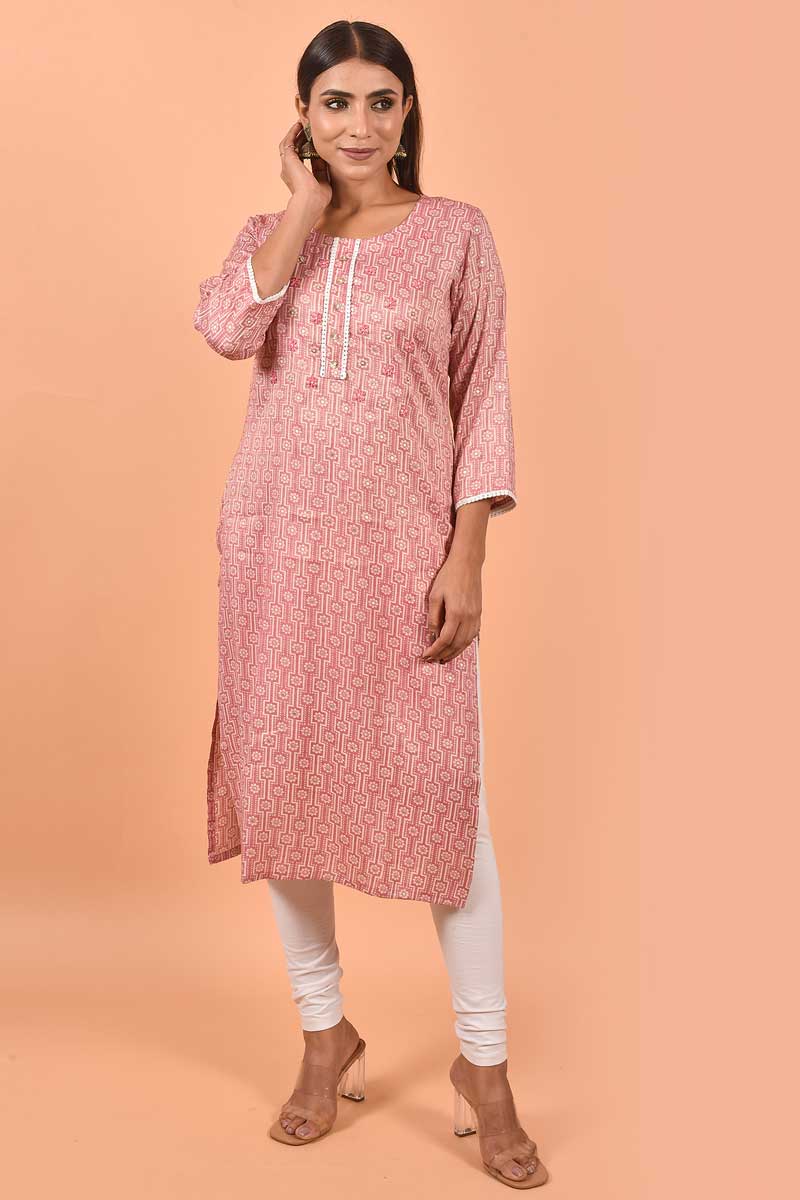 Cotton Fabric Pink Color Kurti With Winsome Printed Work
