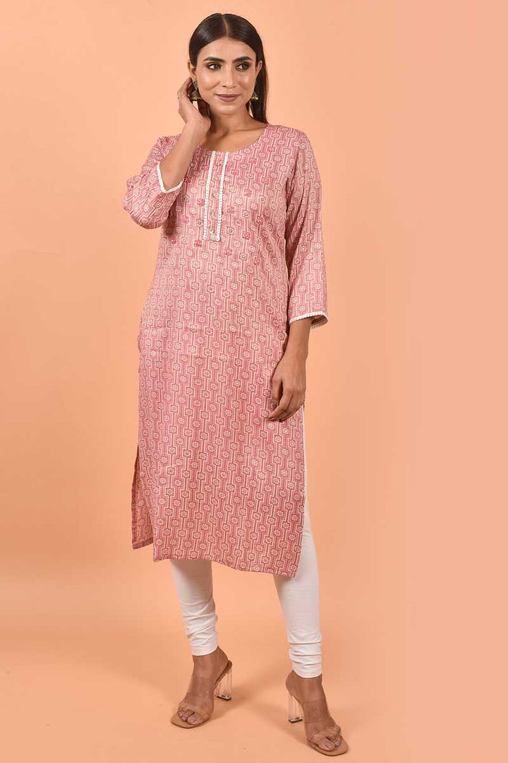 Cotton Fabric Pink Color Kurti With Winsome Printed Work