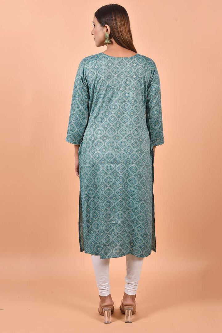Amazing Teal Color Cotton Fabric Kurti With Printed Work