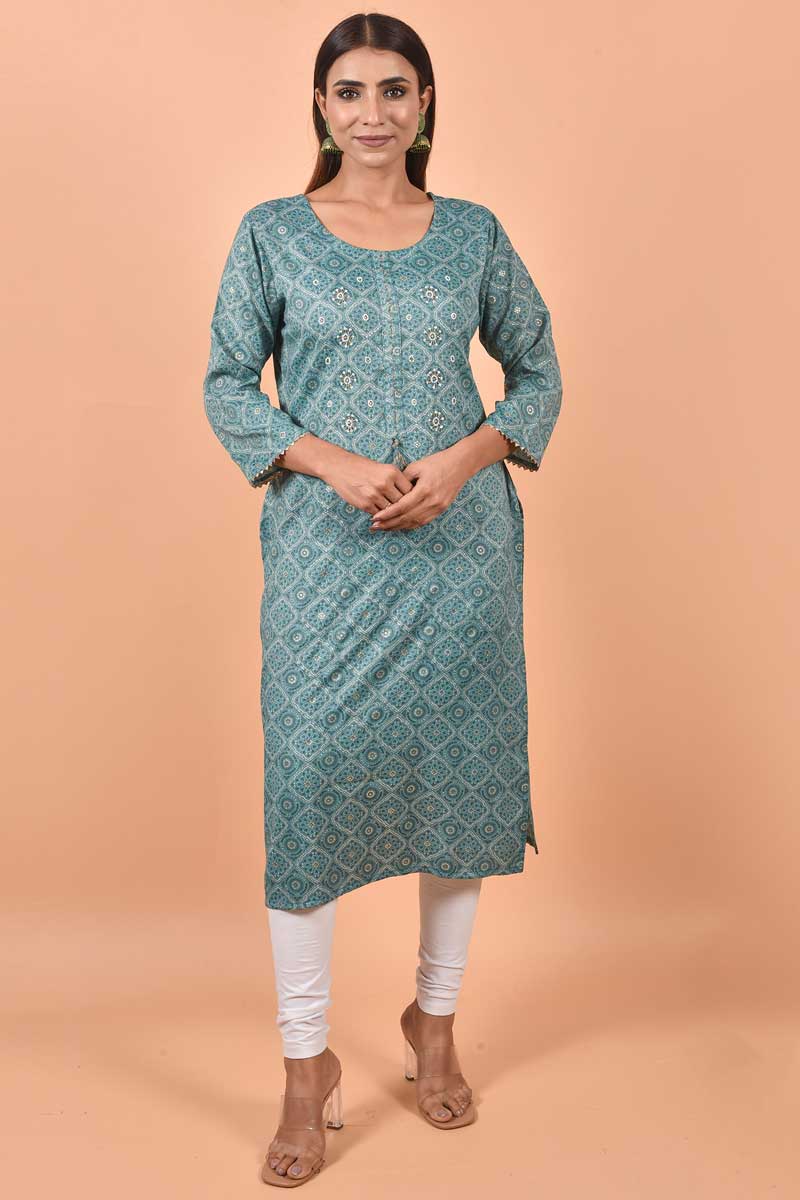Amazing Teal Color Cotton Fabric Kurti With Printed Work