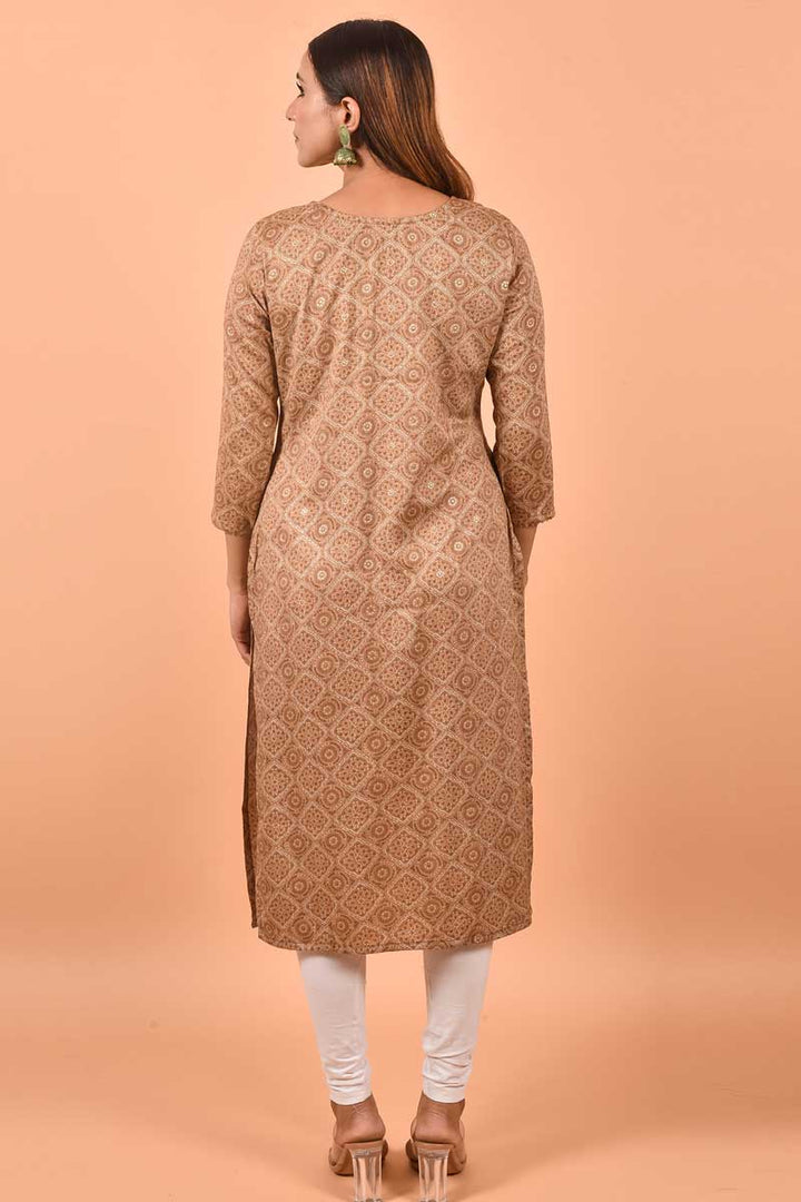 Solid Cotton Fabric Printed Work On Kurti In Brown Color | Buy Online India