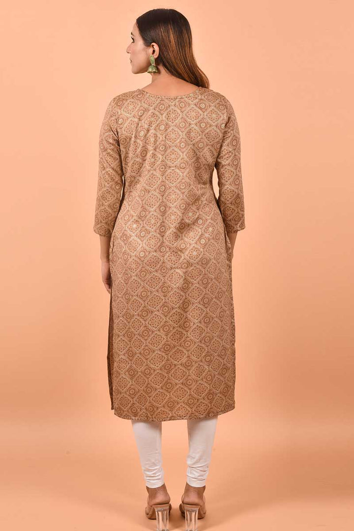 Solid Cotton Fabric Printed Work On Kurti In Brown Color