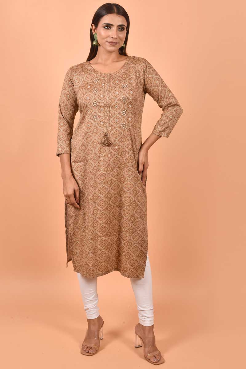 Solid Cotton Fabric Printed Work On Kurti In Brown Color | Buy Online India