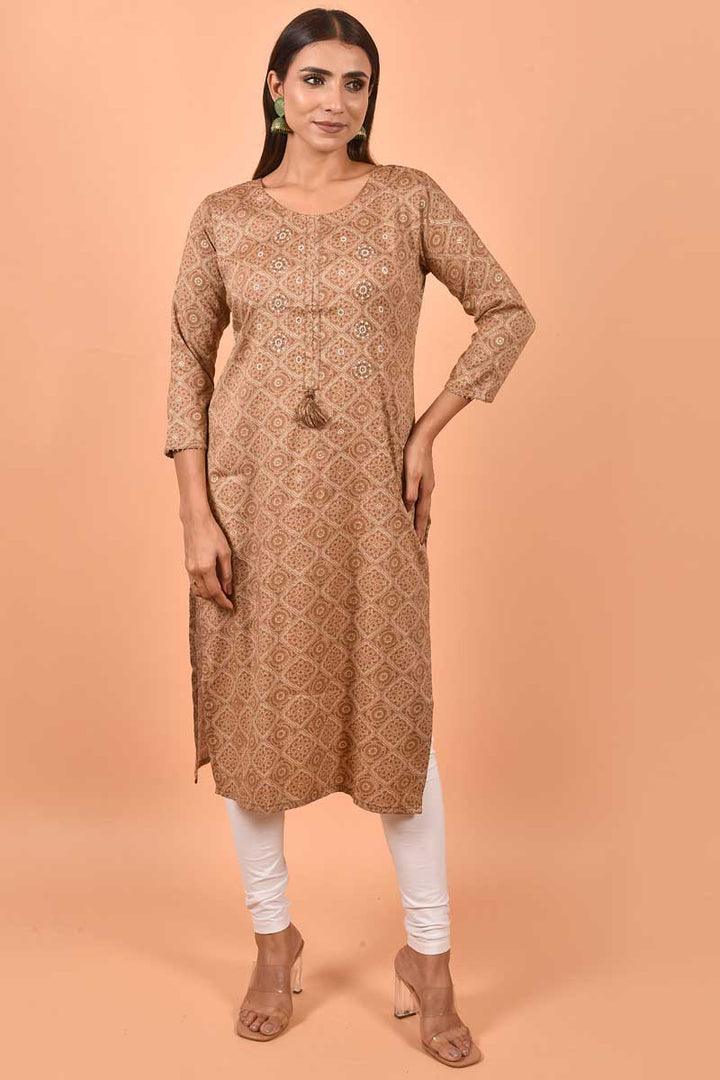 Solid Cotton Fabric Printed Work On Kurti In Brown Color | Buy Online India