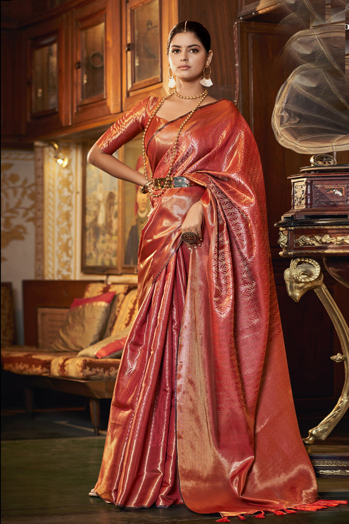 Kanjivaram Silk Fabric Red Color Brilliant Saree