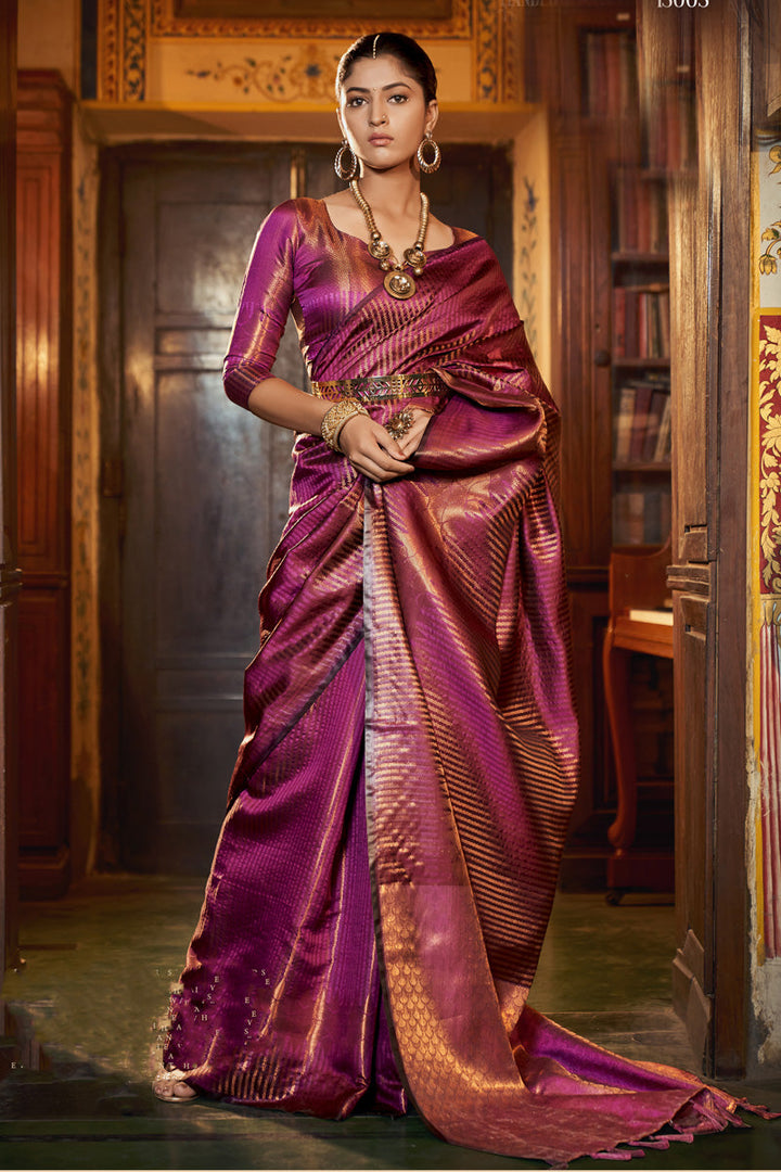 Delicate Kanjivaram Silk Fabric Rani Color Saree