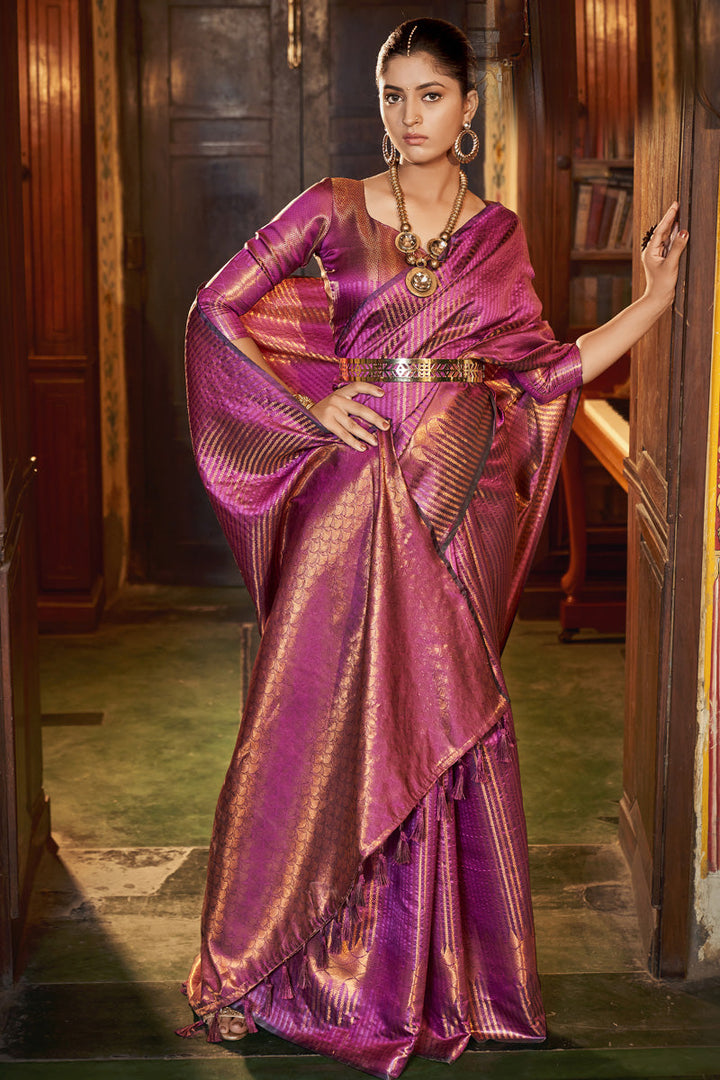 Kanjivaram Silk Fabric Wine Color Glamorous Saree