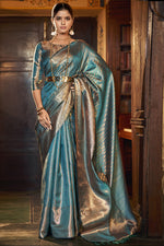 Load image into Gallery viewer, Sober Cyan Color Kanjivaram Silk Fabric Saree
