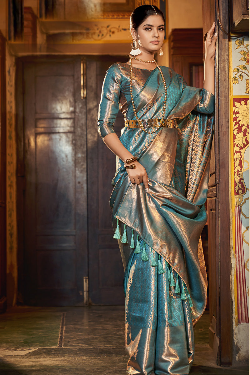 Light Cyan Color Kanjivaram Silk Fabric Pleasant Saree