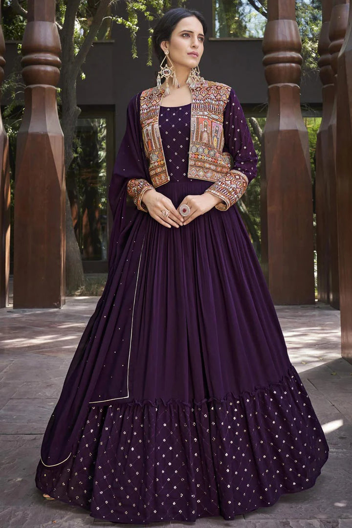 Georgette Fabric Charismatic Gown With Dupatta In Wine Color