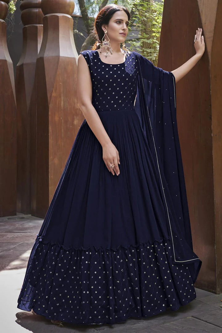 Navy Blue Color Captivating Gown With Dupatta In Georgette Fabric