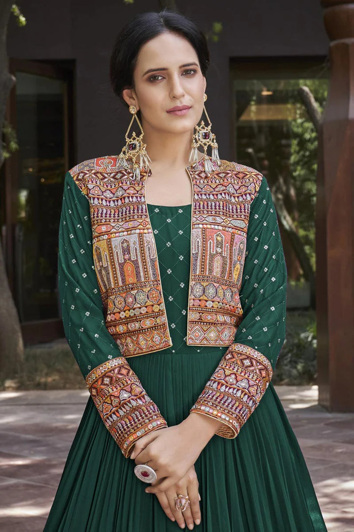 Georgette Fabric Green Color Ingenious Gown With Dupatta
