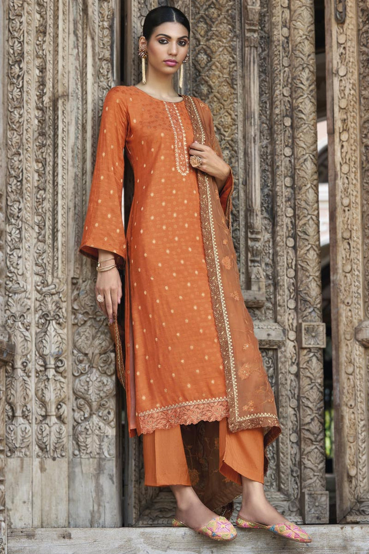 Fancy Fabric Festival Wear Superior Salwar Suit In Orange Color
