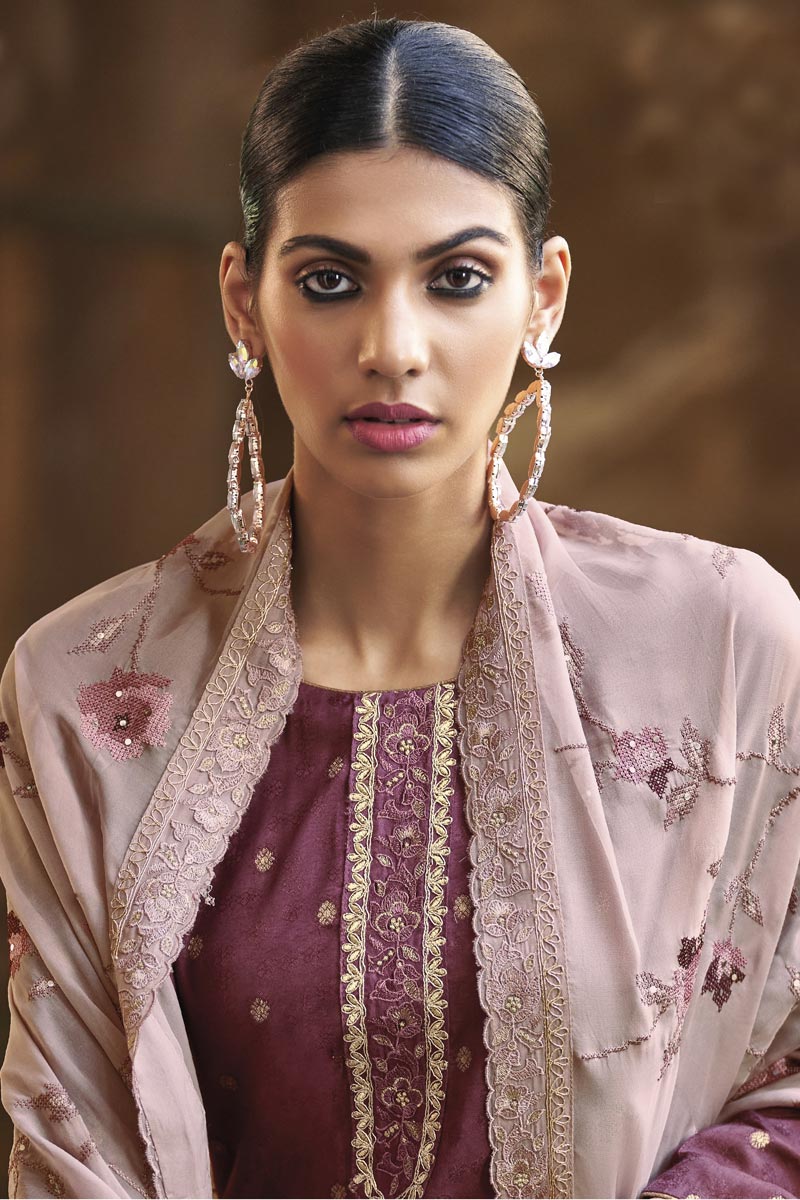 Beauteous Festival Wear Burgundy Color Salwar Suit In Fancy Fabric
