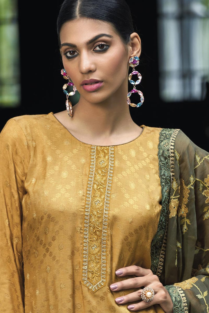Mustard Color Fancy Fabric Adorming Festival Wear Salwar Suit