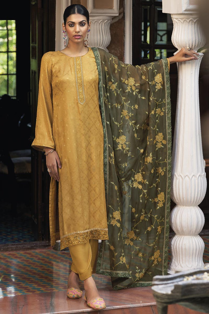 Mustard Color Fancy Fabric Adorming Festival Wear Salwar Suit
