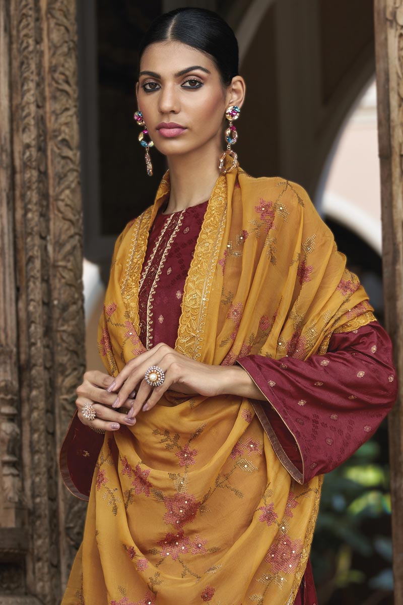 Fancy Fabric Maroon Color Festival Wear Engrossing Salwar Suit