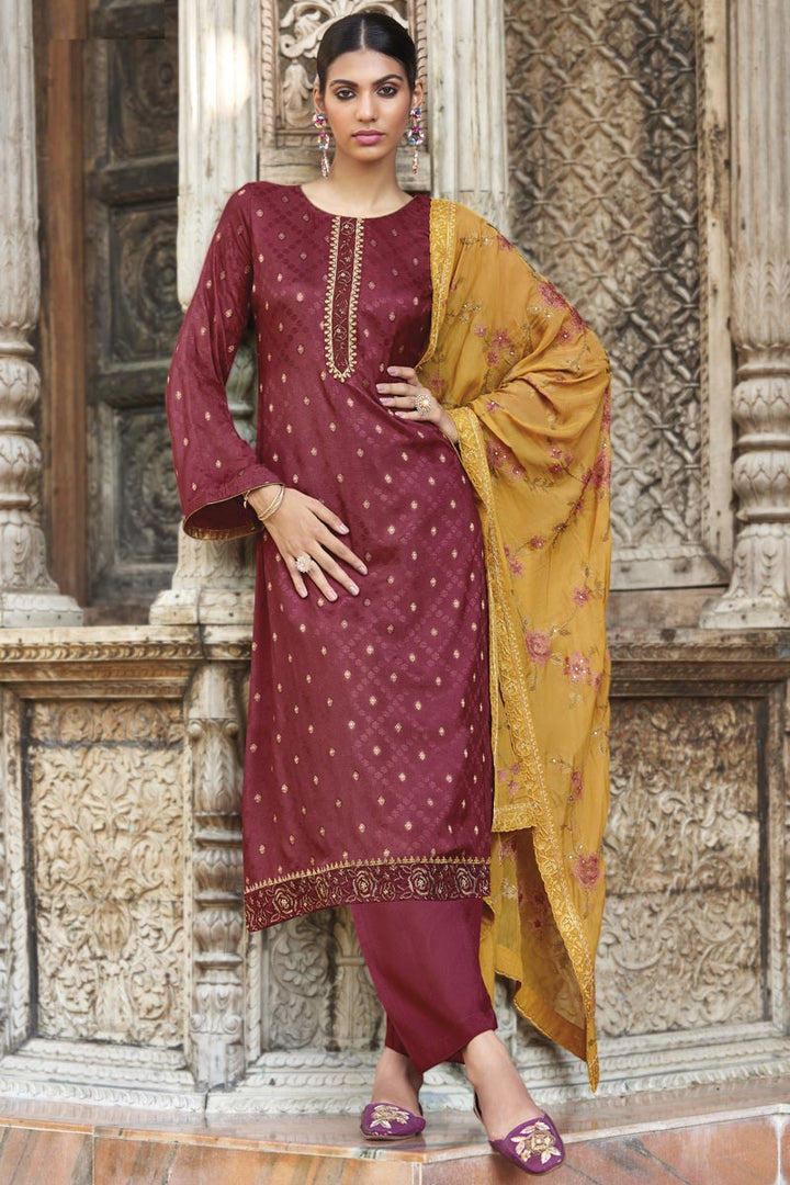 Fancy Fabric Maroon Color Festival Wear Engrossing Salwar Suit