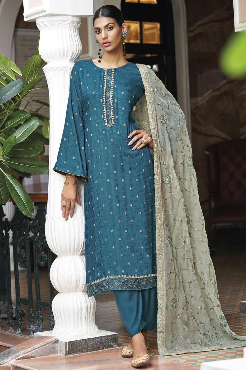 Teal Color Fancy Fabric Festival Wear Intriguing Salwar Suit