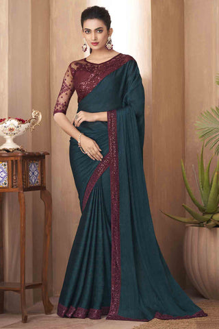 Gorgeous Border Work Art Silk Fabric Teal Color Saree