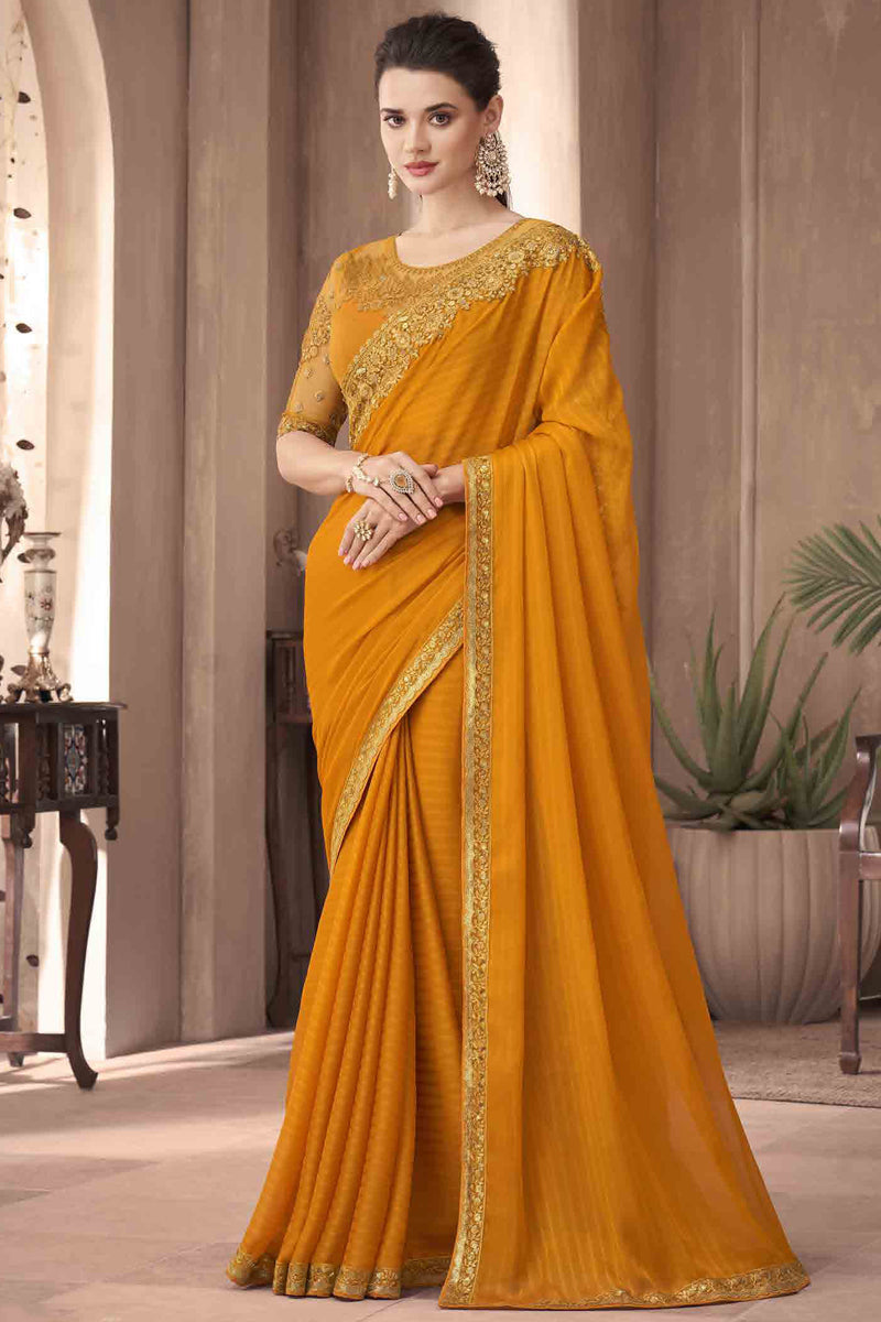 Eugeniya Belousova Stunning Border Work Mustard Color Art Silk Fabric Saree