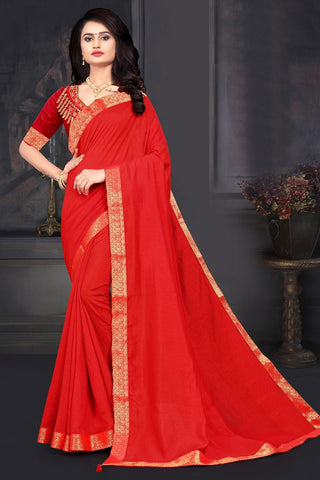 Art Silk Fabric Fancy Function Wear Red Color Lace Work Saree