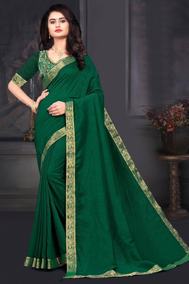 Art Silk Fabric Festive Wear Fancy Dark Green Color Lace Work Saree