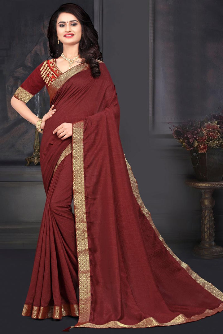 Maroon Color Party Wear Fancy Art Silk Fabric Lace Work Saree