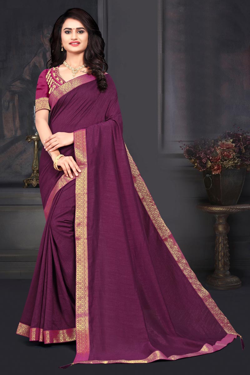 Purple Color Sangeet Wear Art Silk Fabric Fancy Lace Work Saree