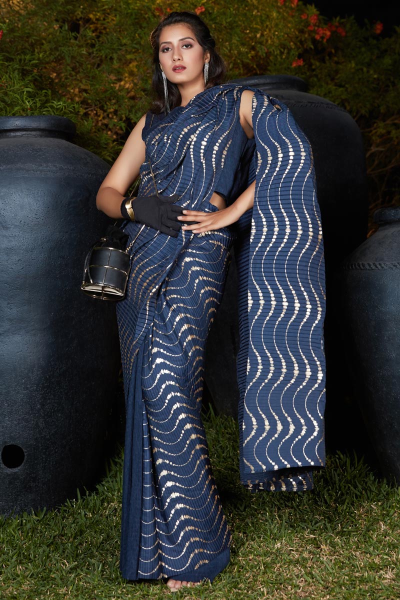 Art Silk Fabric Designer Party Wear Saree In Navy Blue Color