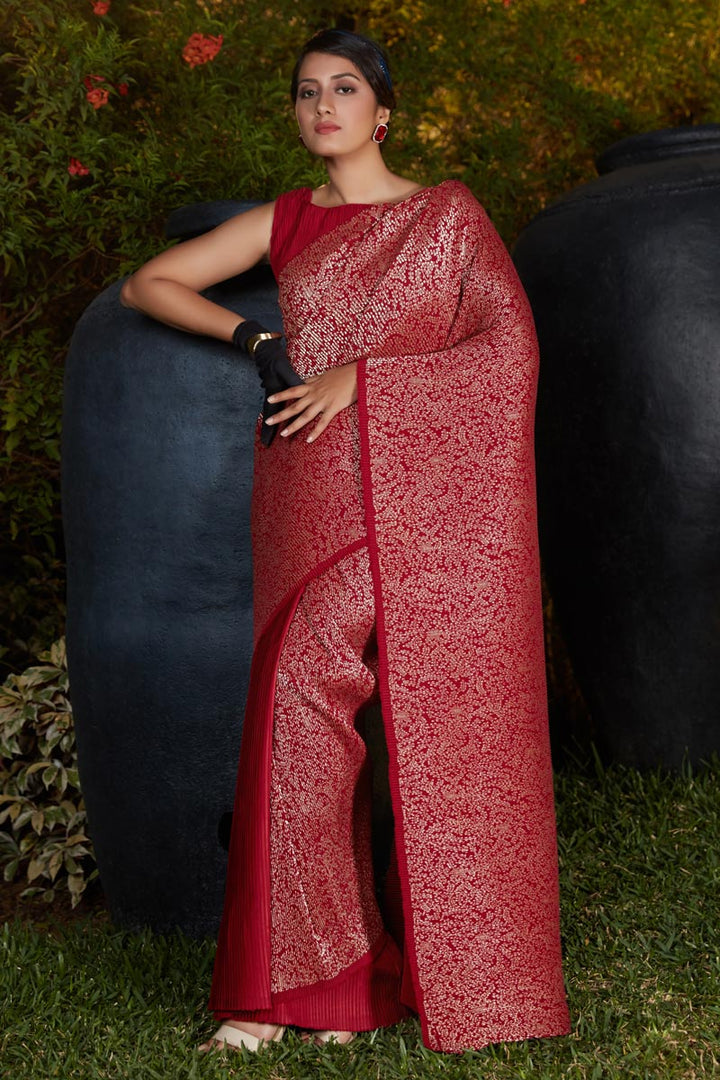 Art Silk Fabric Festive Wear Fancy Work Saree In Maroon Color