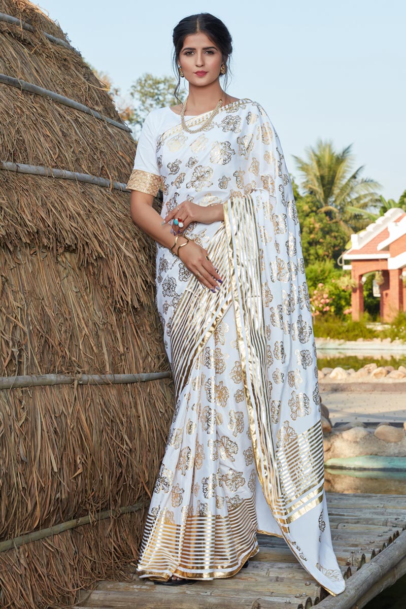 Off White Color Art Silk Fabric Occasion Wear Foil Printed Saree