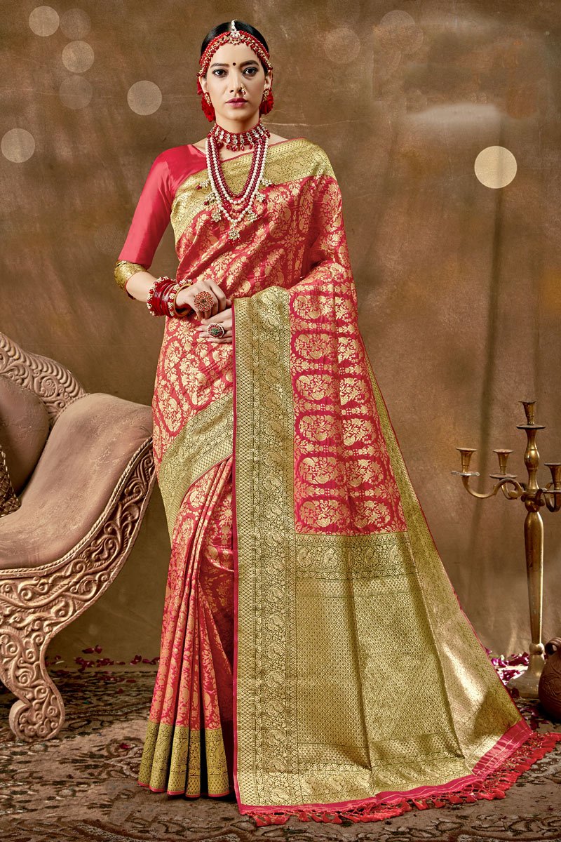 Red Color Party Wear Fancy Art Silk Fabric Weaving Work Saree