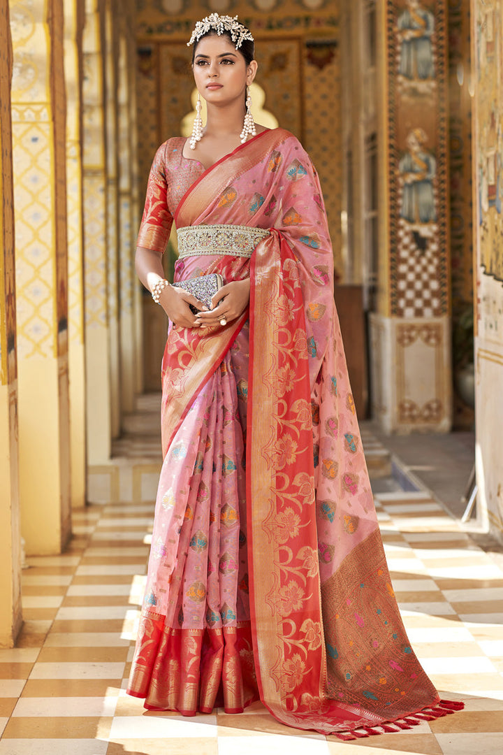 Excellent Art Silk Fabric Pink Color Floral Printed Saree